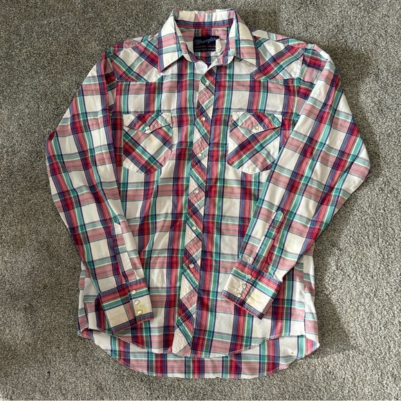 Vintage wrangler shirt mens medium red blue pearl snap  western rodeo cowboy 90s - Picture 1 of 14